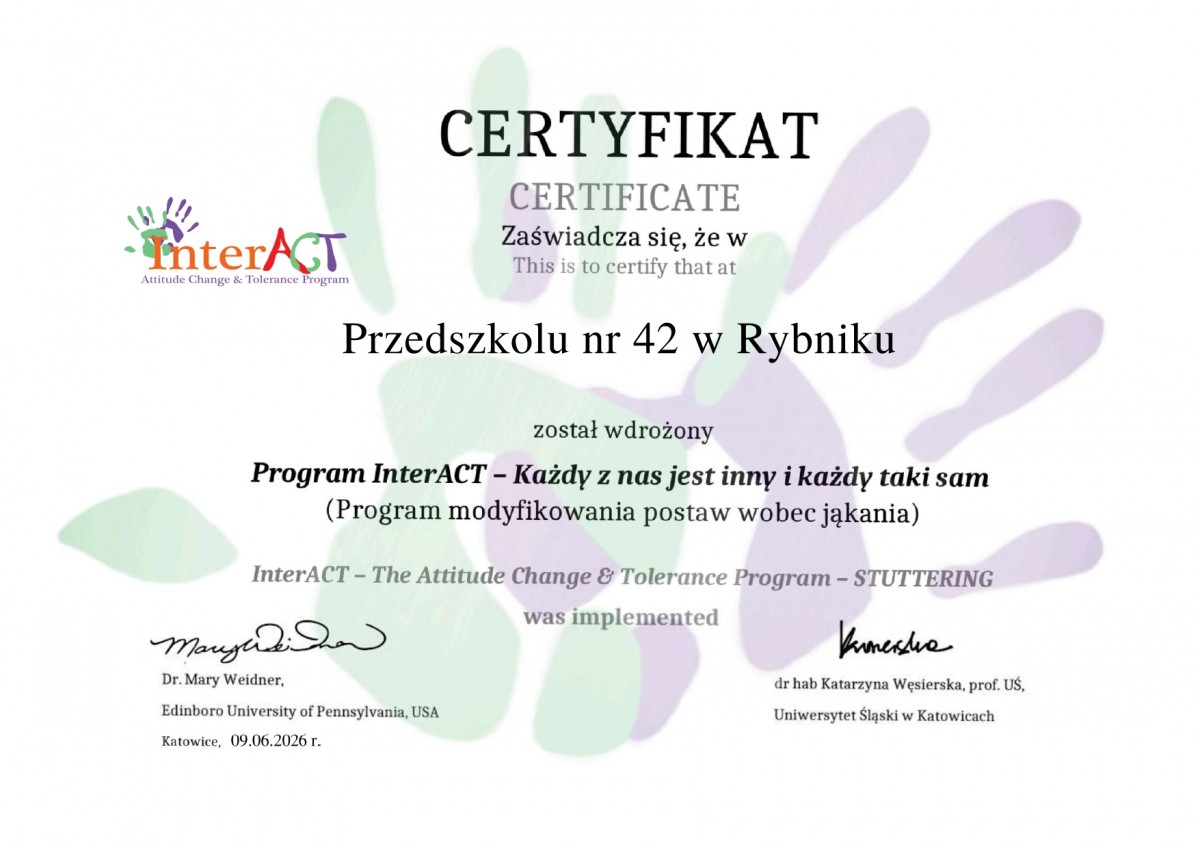 Certyfikat za udział w projekcie InterAct dla Przedszkola nr 42 w Rybniku