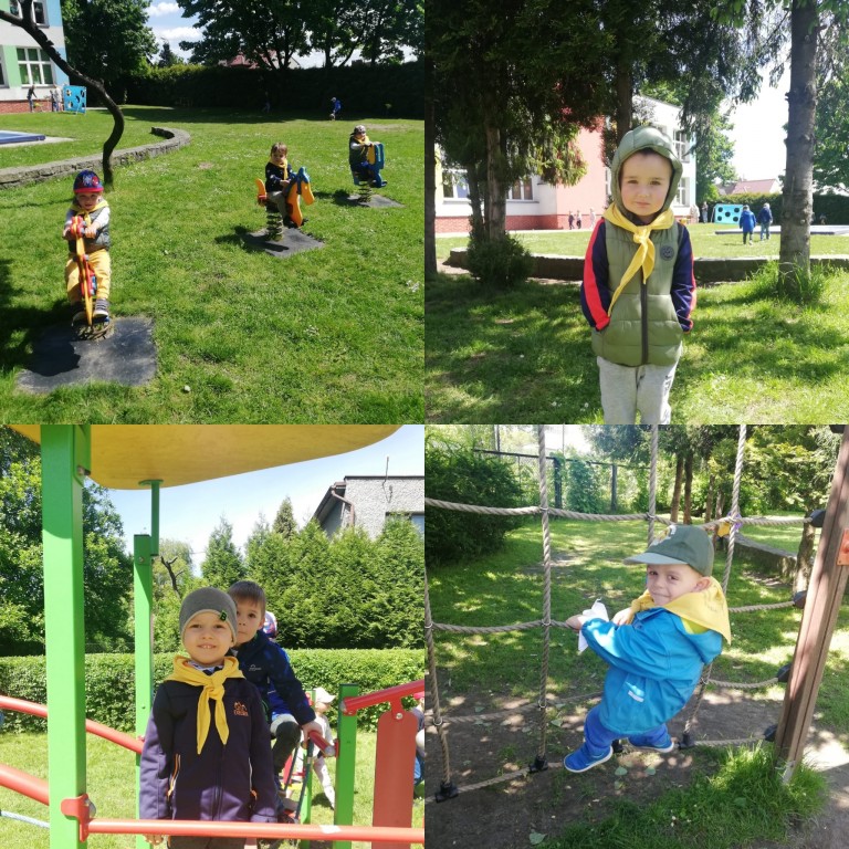 Dzieci podczas zabawy na sprzęcie ogrodowym