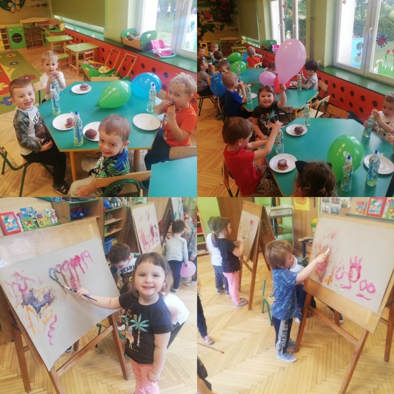Dzieci z balonami, siedzą przy stolikach, pozostałe malują farbami na sztalugach