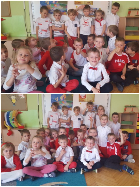 zdjęci grupowe wszystkich dzieci ubranych w biało- czerwone barwy