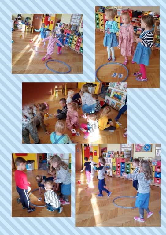Dzieci ćwiczą z przyborami (hula-hop, skakanka, piłka)
