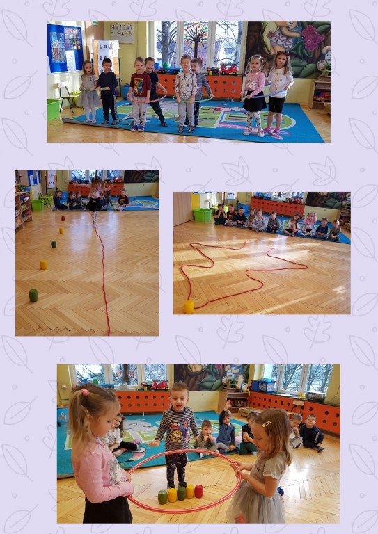 Dzieci ćwiczą z przyborami (hula-hop, skakanka, piłka)