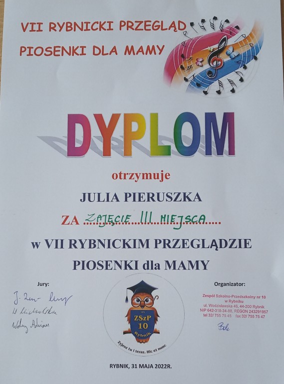 Dyplom dla Julki