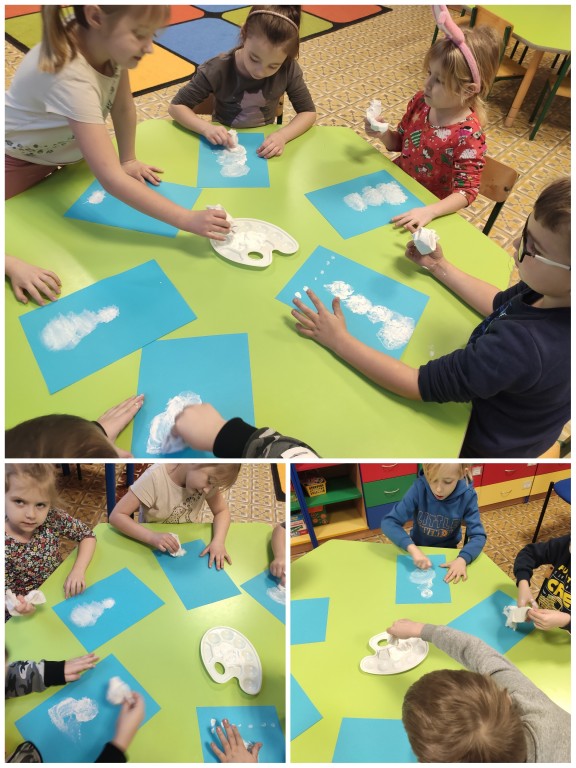 Dzieci malują farbami bałwanka