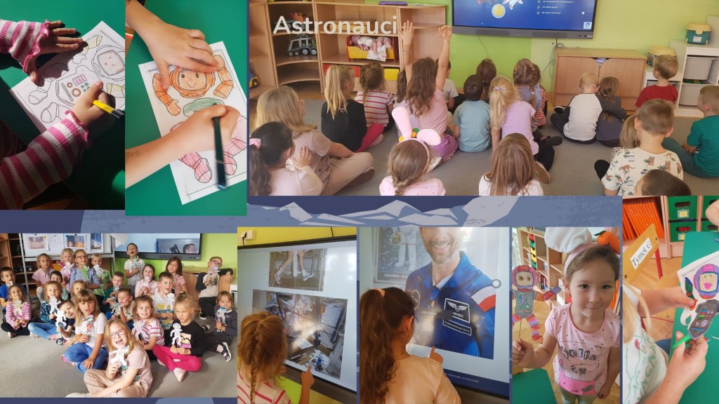 dzieci oglądają kosmonautów, samii rysują i wycinają kosmonautę z papieru