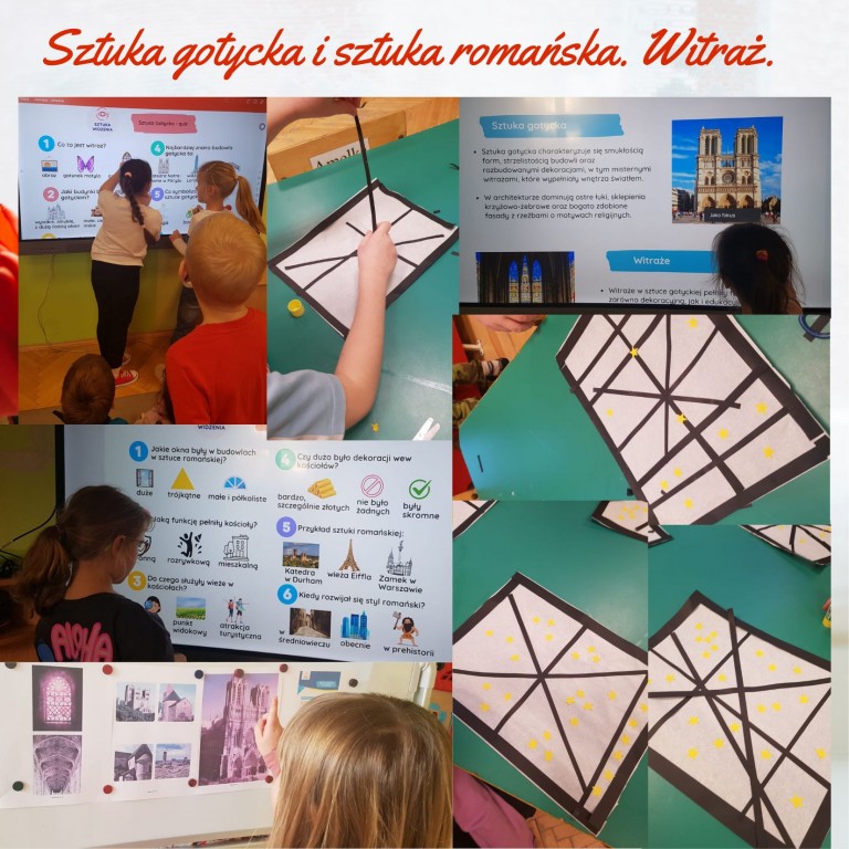 witraż z papieru, dzieci oglądają sztukę gotycką i romańską na zdjęciach.