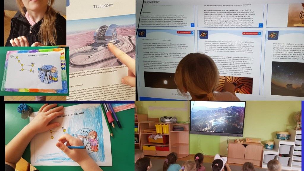 Dzieci oglądają teleskopy, kolorują wielki wóz