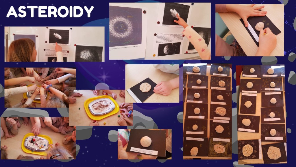 Dzieci oglądają ilustracje z asteroidami, wykonują własną z masy solnej.