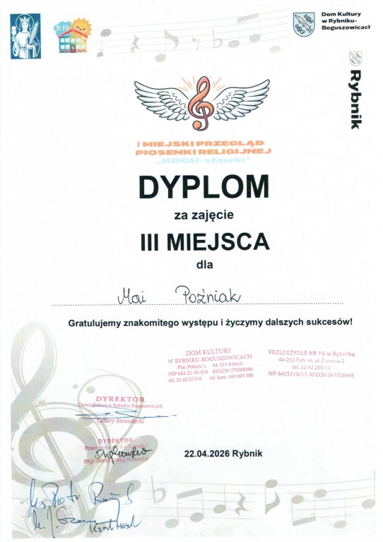 dyplom za zajęcie III miejsca