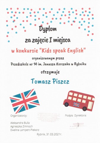Zdjęcie przedstawia dyplom z udziału w konkursie z języka angielskiego.