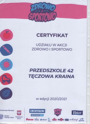 Certyfikat dla grupy Wesołe Ludki za udział w akcji: "Zdrowo i sportowo".