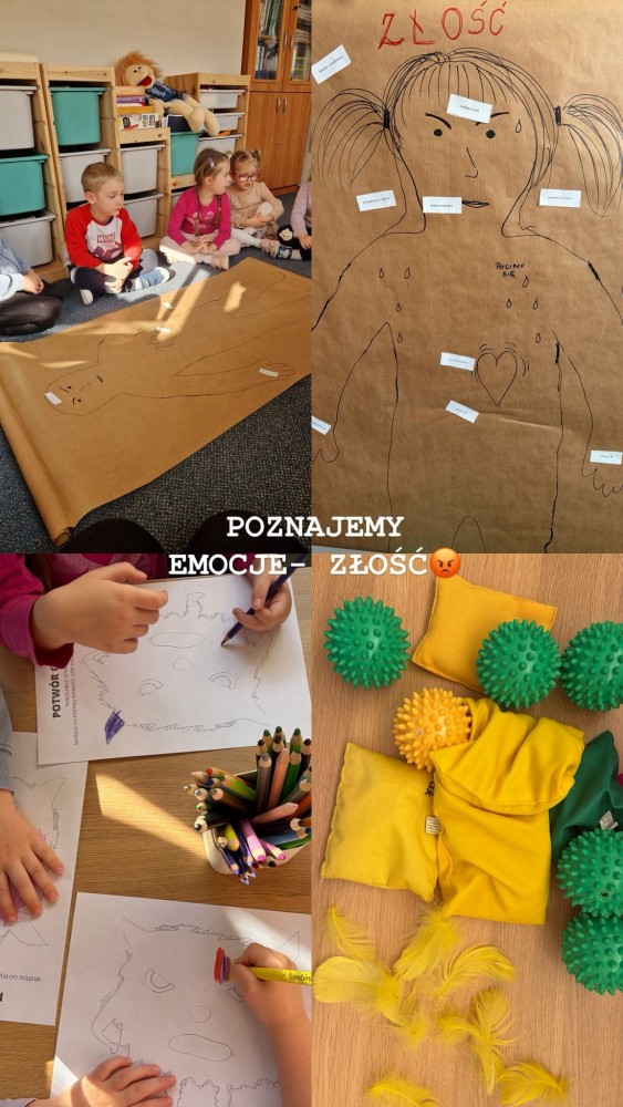 kolaż zdjęć z zajęć o złości - dzieci i ich prace